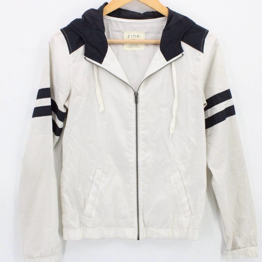 Zine | Women’s  White Black Windbreaker Jacket Hooded Zip Coat Cover-Up Small